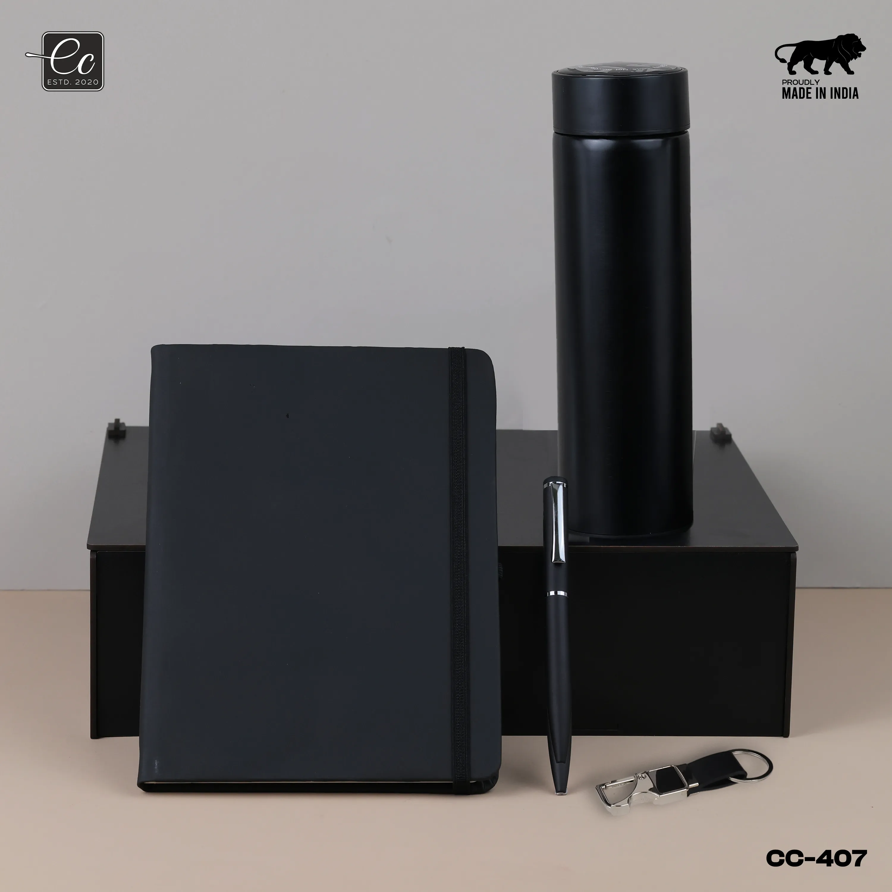 4 in 1 Corporate Gift Set includes Personalized Diary, Pen, Keychain & Temperature Bottle